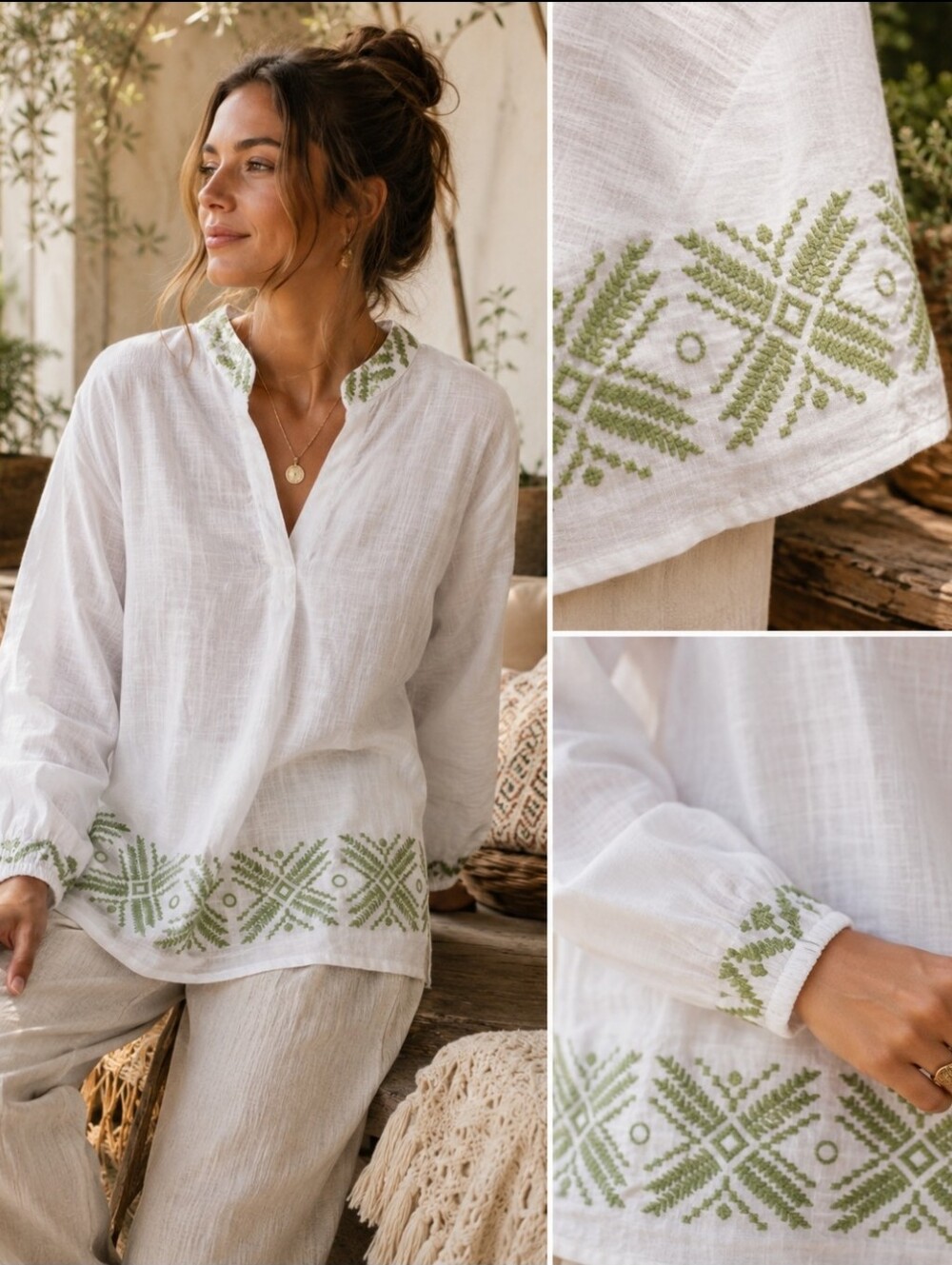 Salotto 100% Cotton Mediterranean Boho Tunic Blouse White Green Cottagecore 2XL